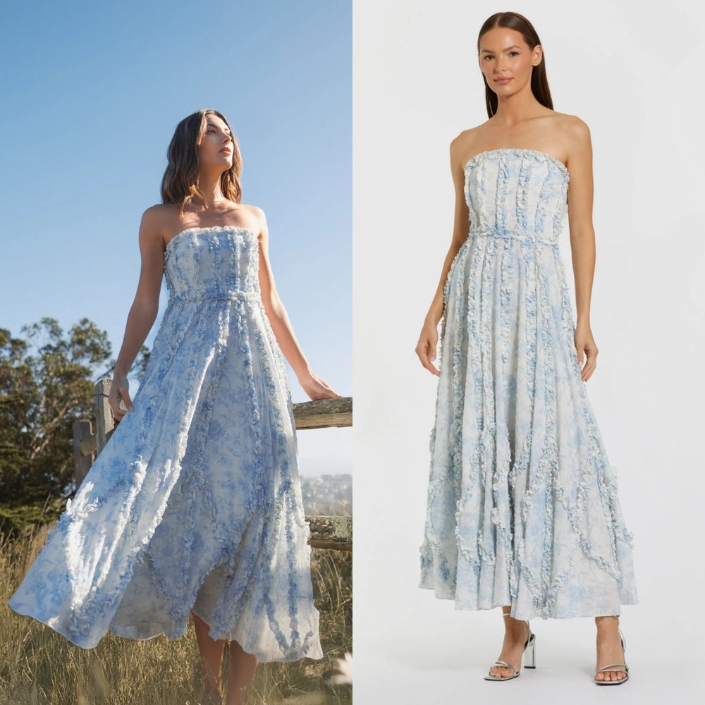 NWT Mac Duggal Blue and White Strapless Ruffle Floral Cotton Midi Dress - Size 8